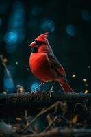 el medio Disparo rojo hermosa cardenal pájaro en el bosque. generar ai foto