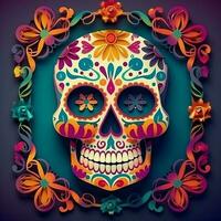 Cinco de Mayo sugar skulls illustration surrounder the flowers frame. Generate Ai photo