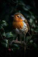 a lonely sad small Robin bird surrounded leaves. Generate Ai photo