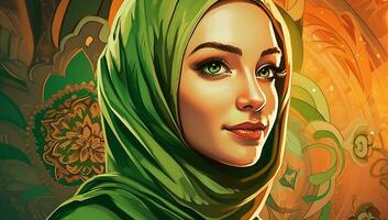 A close-up Muslim women wearing a green hijab Ramadan kareem. Generate Ai photo