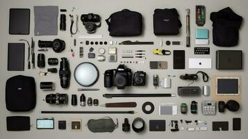 the top view of the photographer's gear tools assets. Generate Ai photo