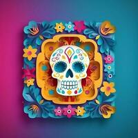 Cinco de Mayo sugar skulls illustration on the flowers frame. Generate Ai photo