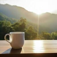 a blank white mug on the wooden table in front of the mountain under the sun. Generate Ai photo