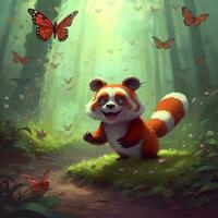 The happy red panda in the jungle around the butterfly. Generate Ai photo