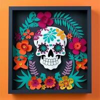 Cinco de Mayo sugar skulls surrounder the flowers and leaves inside the photo frame. Generate Ai