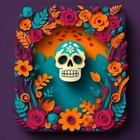 Cinco de Mayo small sugar skulls illustration inside the flowers frame. Generate Ai photo