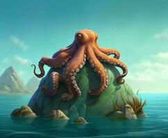 Giant octopus on the green rock illustration photo