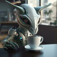 An Alien Robot drinking a coffee photo