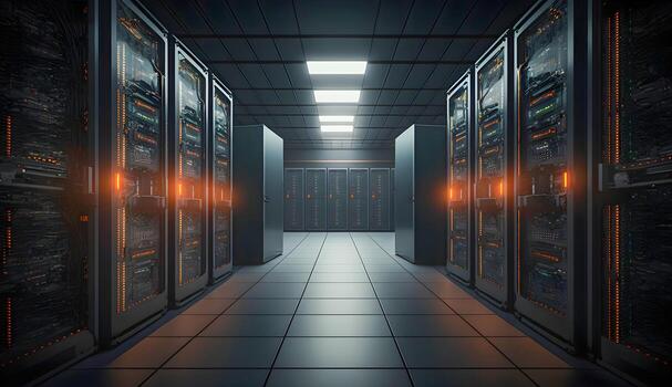 Network and internet communication technology in data center server room interior, photo