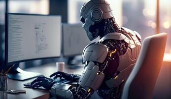 Image of human-liked robot working on computor in office instead of human, Artificial Intelligence concept image created by technology photo