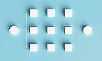 White cubes with lines connecting diagrams on blue background. Organizational structure concept. Position chart. Organizational management and human resource management. photo