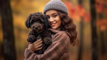 Autumn girl with dog. Illustration photo