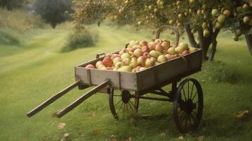 A handcart full af apples in garden. Illustration photo