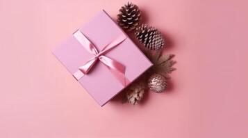 Pink gift box with pinecones. Illustration photo