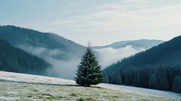 Christmas tree in mountain background. Illustration photo