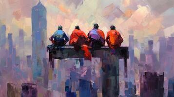 Impressionist painting superheroes in city. Illustration photo