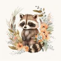 Cute watercolor baby raccoon. Illustration photo