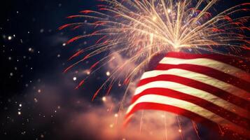 USA Holiday background with flag and fireworks. Illustration photo