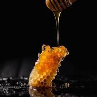 Honey on black background. Illustration AI Generative photo