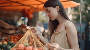 A woman chooses fruits and vegetables at a farmers' market. Illustration photo