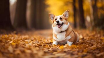 Corgi in autumn forest. Illustration photo