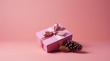 Pink gift box with pinecones. Illustration photo