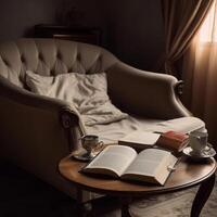 Armchair and open book. Illustration photo