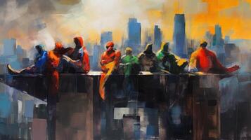 Impressionist painting superheroes in city. Illustration photo
