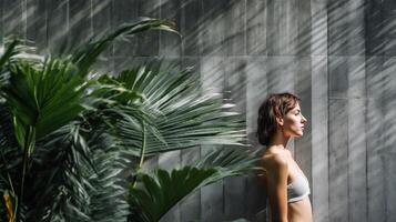 Woman leaning on a gray concrete wall. Illustration photo