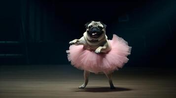 Pug Dod in a light pink ballet skirt is dancing like a ballerina, Illustration AI Generative photo