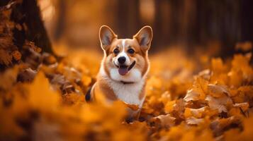 Corgi in autumn forest. Illustration photo