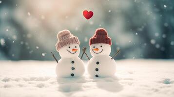 Cute snowman couple. Illustration AI Generative photo