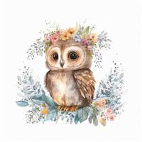 Cute watercolor baby owl. Illustration photo