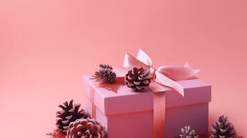 Pink gift box with pinecones. Illustration photo