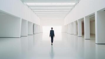 Businesswoman walking in empty exhibition hall. Illustration photo