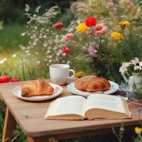 Summer breakfast at the meadow. Illustration photo