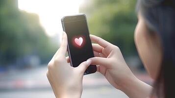 Hands with mobile phone with heart. Illustration photo