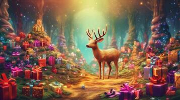 Magic Christmas forest with deer. Illustration photo