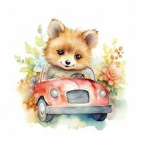 Cute watercolor baby animal in car. Illustration AI Generative photo