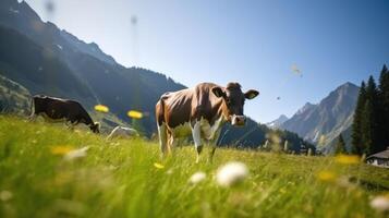vacas en Alpes. ilustración ai generativo foto