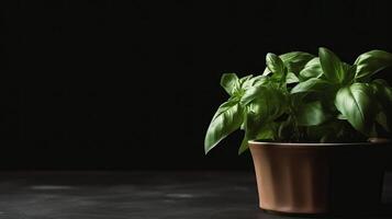 Basil leaves in flower pot. Illustration AI Generativ photo