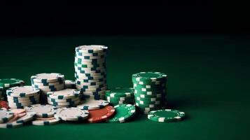 Closeup of poker chips on green felt card table Illustration AI Generative photo