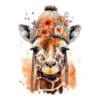 linda jirafa en sombrero con flor. acuarela. ilustración ai generativo foto