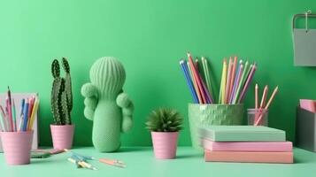 Kids desk creative workspace with school supplies, cactus Illustration photo