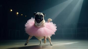 Pug Dod in a light pink ballet skirt is dancing like a ballerina, Illustration photo