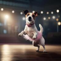 Jack Russell dog in a light pink ballet skirt is dancing like a ballerina, Illustration AI Generative photo
