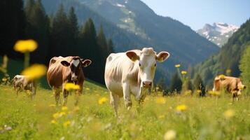 vacas en Alpes. ilustración ai generativo foto