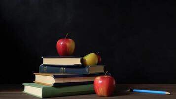 espalda a colegio antecedentes con libros y manzana. ilustración ai generativo foto