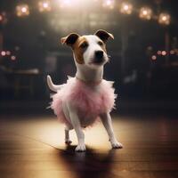 Jack Russell perro en un ligero rosado ballet falda es bailando me gusta un bailarina, ilustración ai generativo foto