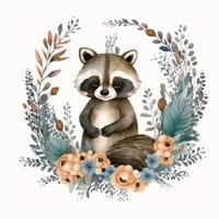 Cute watercolor baby raccoon. Illustration photo